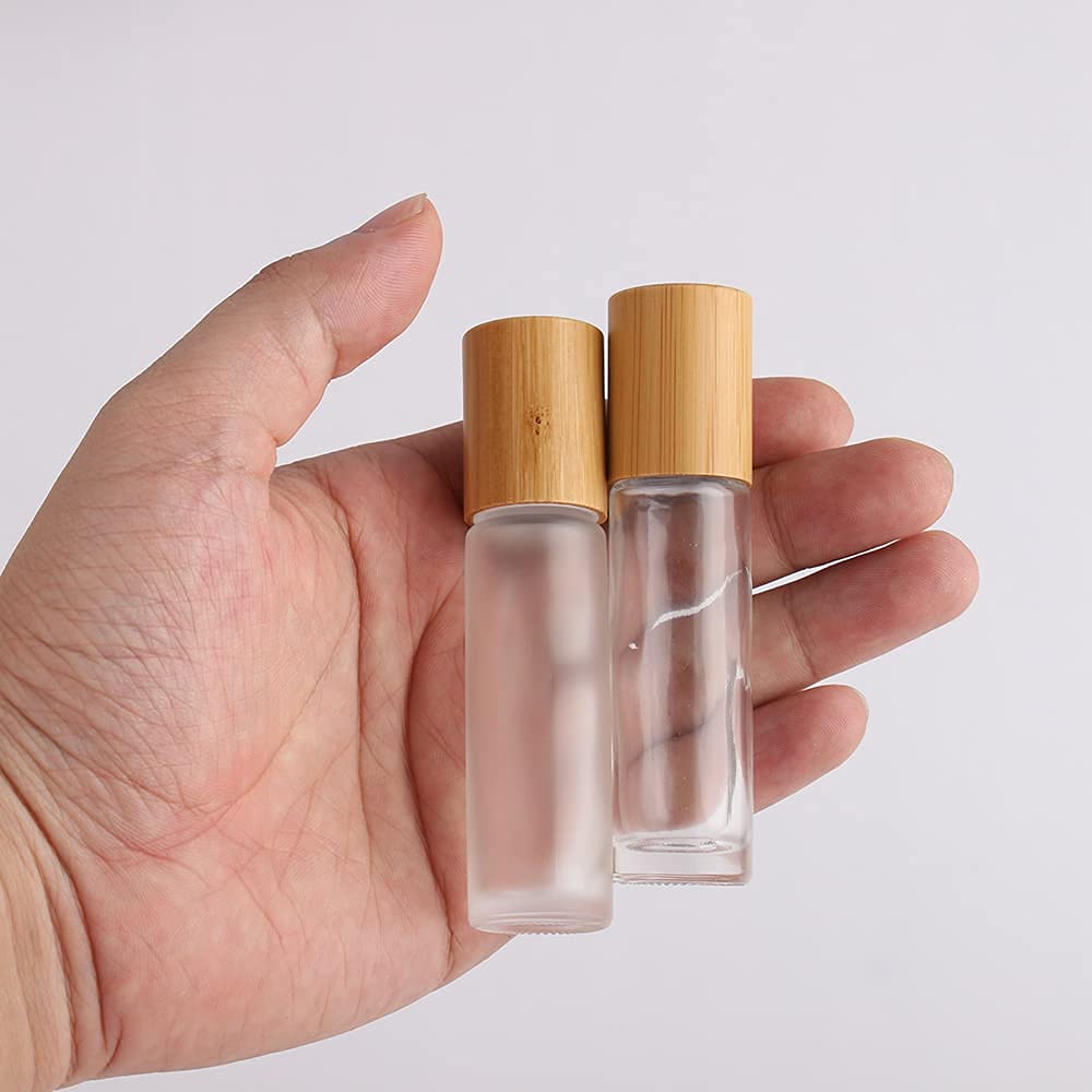 Cosidea 18 Pcs 10Ml Bamboo Roller Bottles With Bamboo Cap For Essential Oils Empty Glass Roll On Perfume Bottle (Clear)
